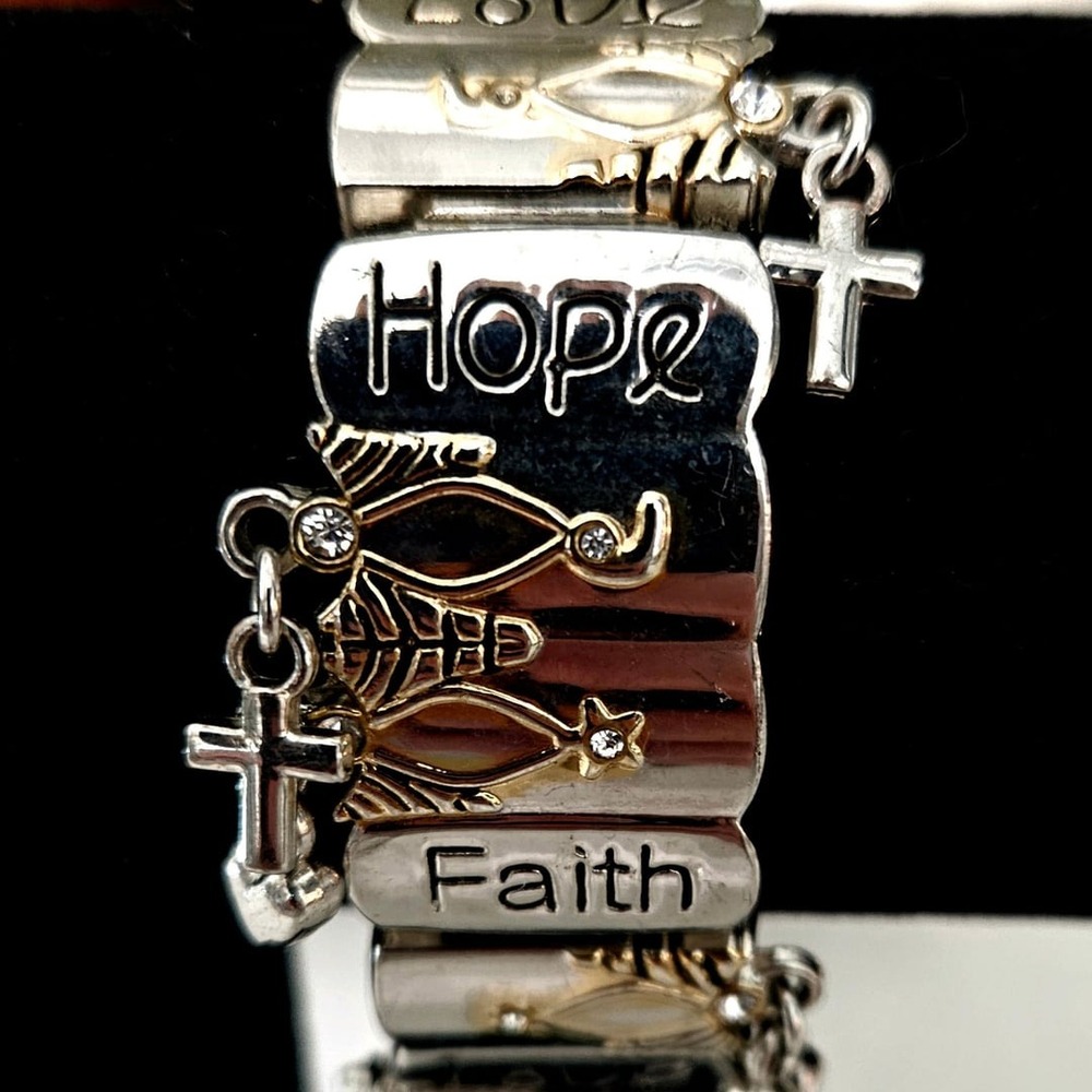 Faith Hope Love Two-Tone Stretch Bracelet with Cross and Heart Charms